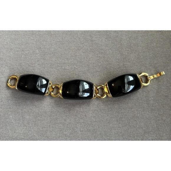 J Crew Gold Tone Black Enamel Link Bracelet Chunky Statement - Picture 4 of 6